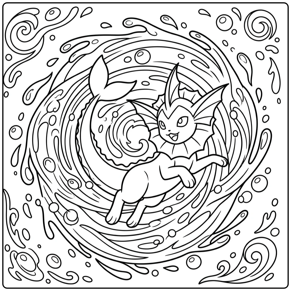 Speelse vaporeon kleurplaat, spinnend in water met bellen en spetters.