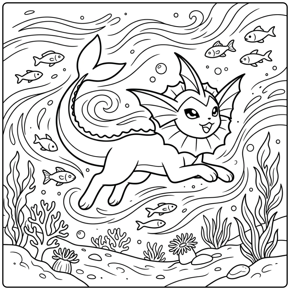 Avontuurlijke vaporeon kleurplaat, zwemmend met vissen in zee.