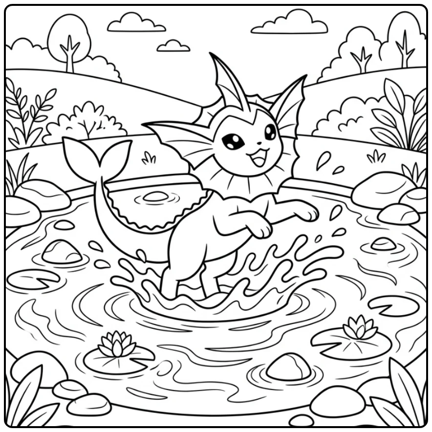 Speelse vaporeon kleurplaat in vijver met leliebladen en golven.