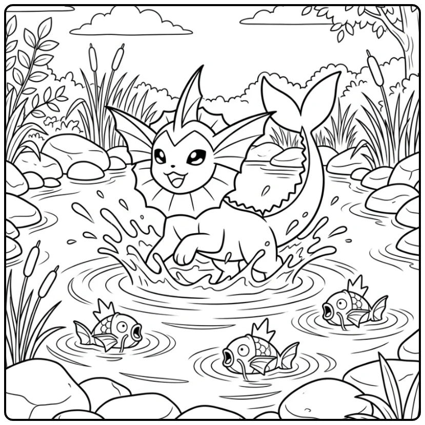 Speelse vaporeon kleurplaat van Vaporeon die spettert in een vijver.