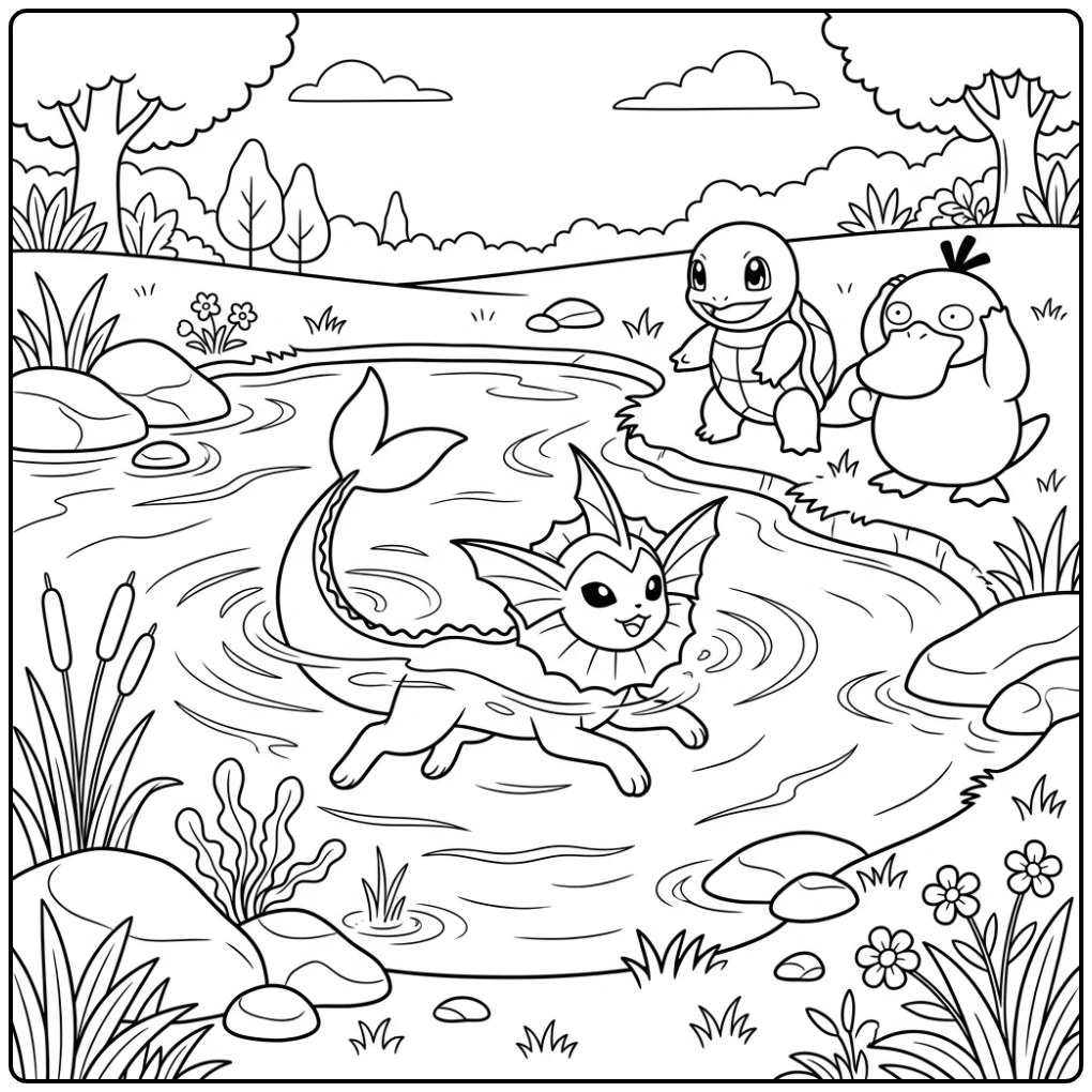 Speelse vaporeon kleurplaat, Vaporeon zwemt met vrienden.