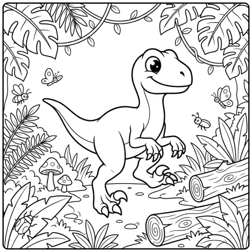 Schattige dino kleurplaat van een lopende velociraptor.