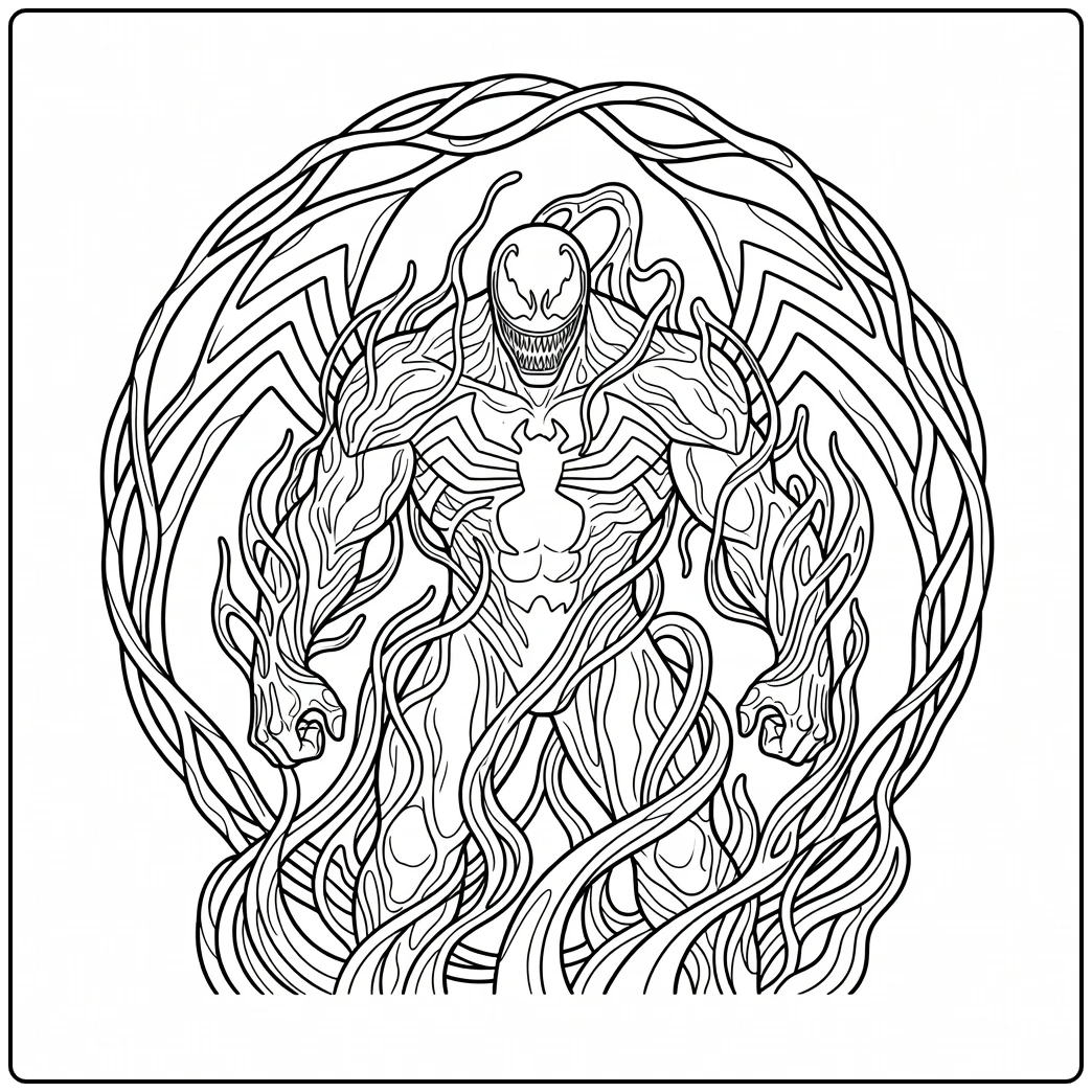 Stoere venom kleurplaat met buitenaardse symbiote draden.
