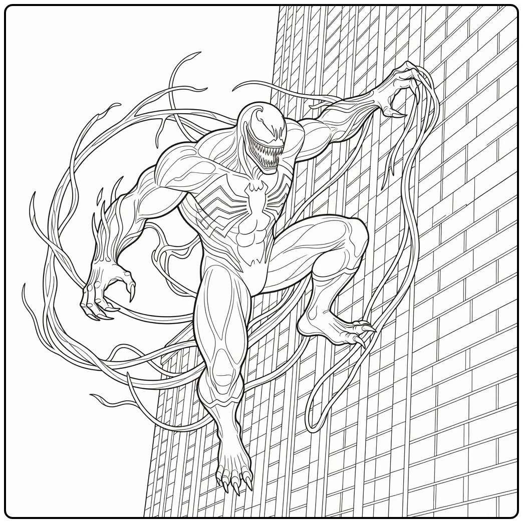 Gave venom kleurplaat waarop hij tegen een gebouw klimt.