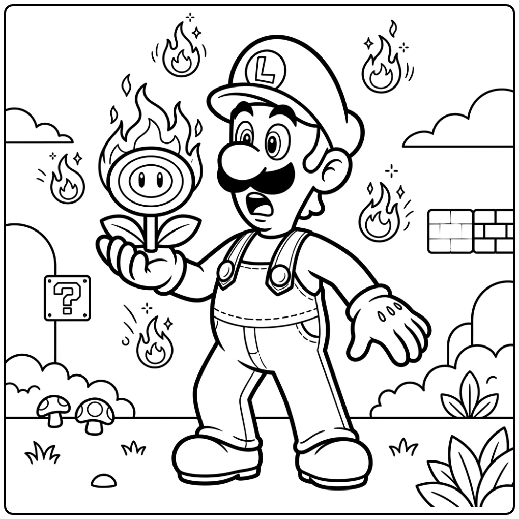 Luigi met vuurbloem, verbaasd omringd door vlammen luigi kleurplaat