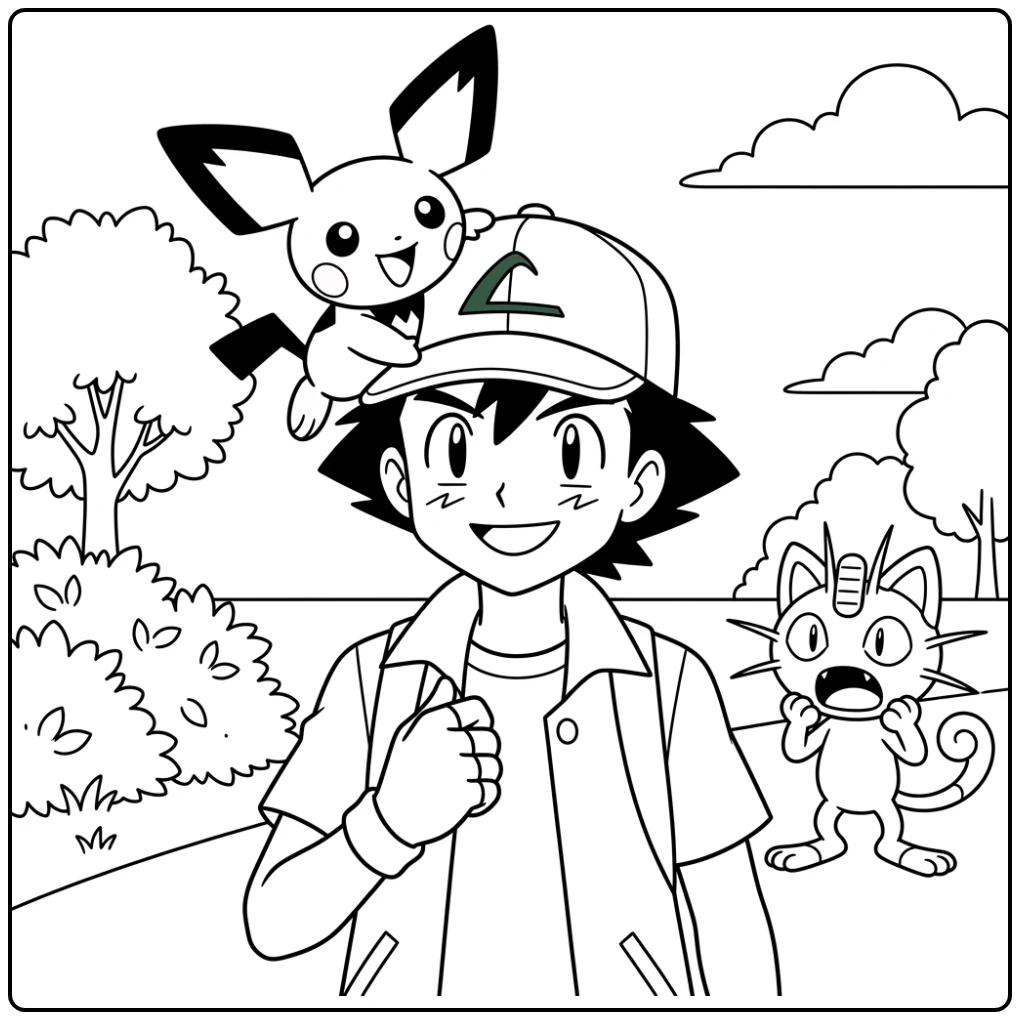 Vrolijke kleurplaat pichu op Satoshi's pet met Meowth.