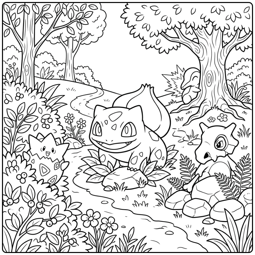 Speelse bulbasaur kleurplaat met verstopte Pokémon vrienden.