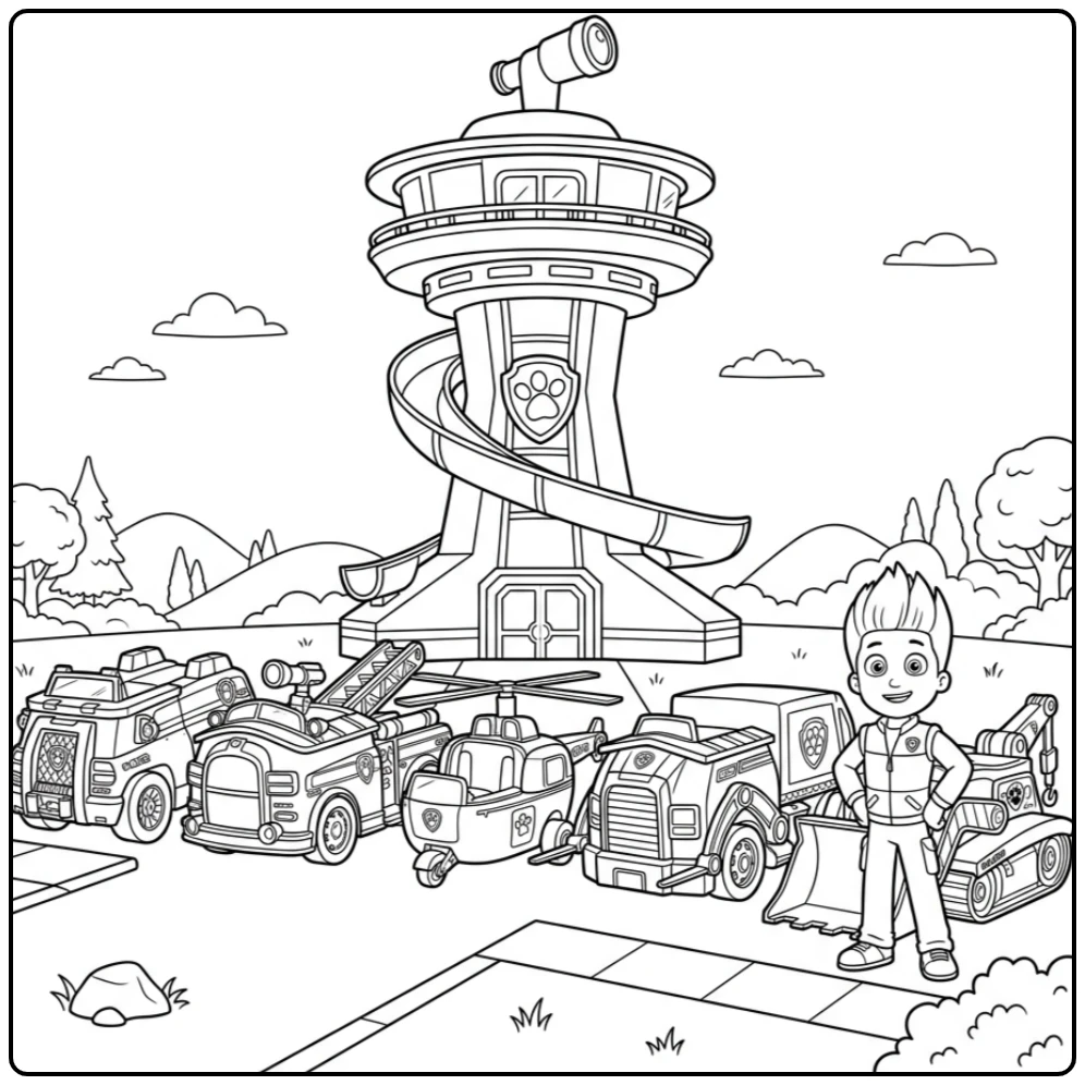 Ryder en zijn team met paw patrol auto kleurplaat voor een nieuwe missie.