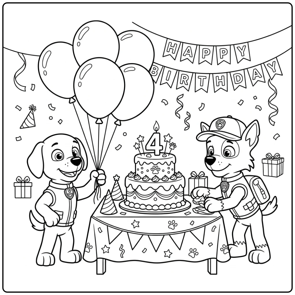 Kleurplaat paw patrol verjaardag 4 jaar met Zuma en ballonnen.