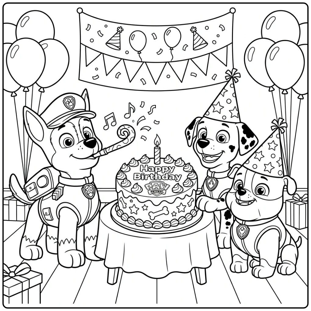 Leuke paw patrol kleurplaat verjaardag: Chase blaast toeter, Marshall en Rubble bij taart.