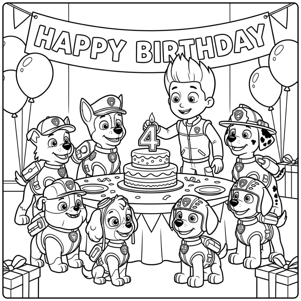 Ryder viert feest met pups, een kleurplaat paw patrol verjaardag 4 jaar.