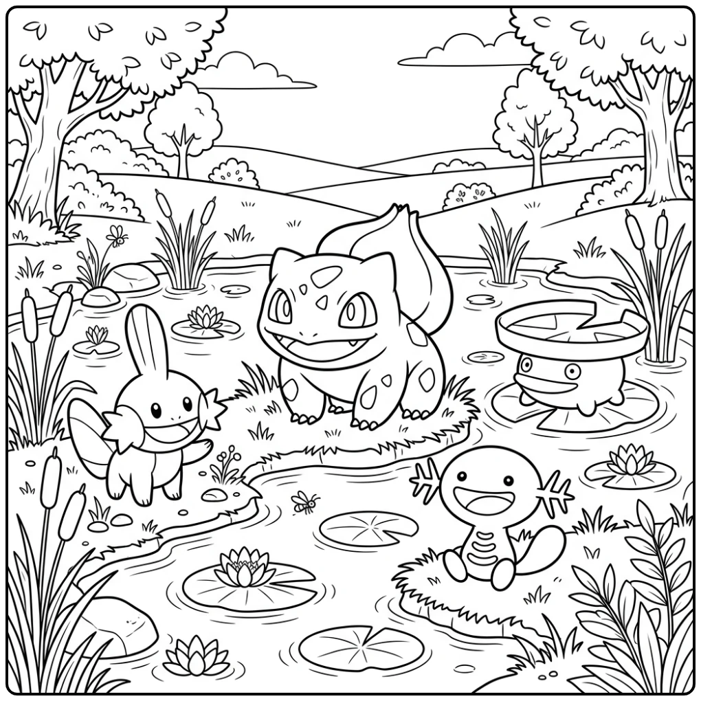 Vrolijke vrienden bij de vijver op deze bulbasaur kleurplaat.