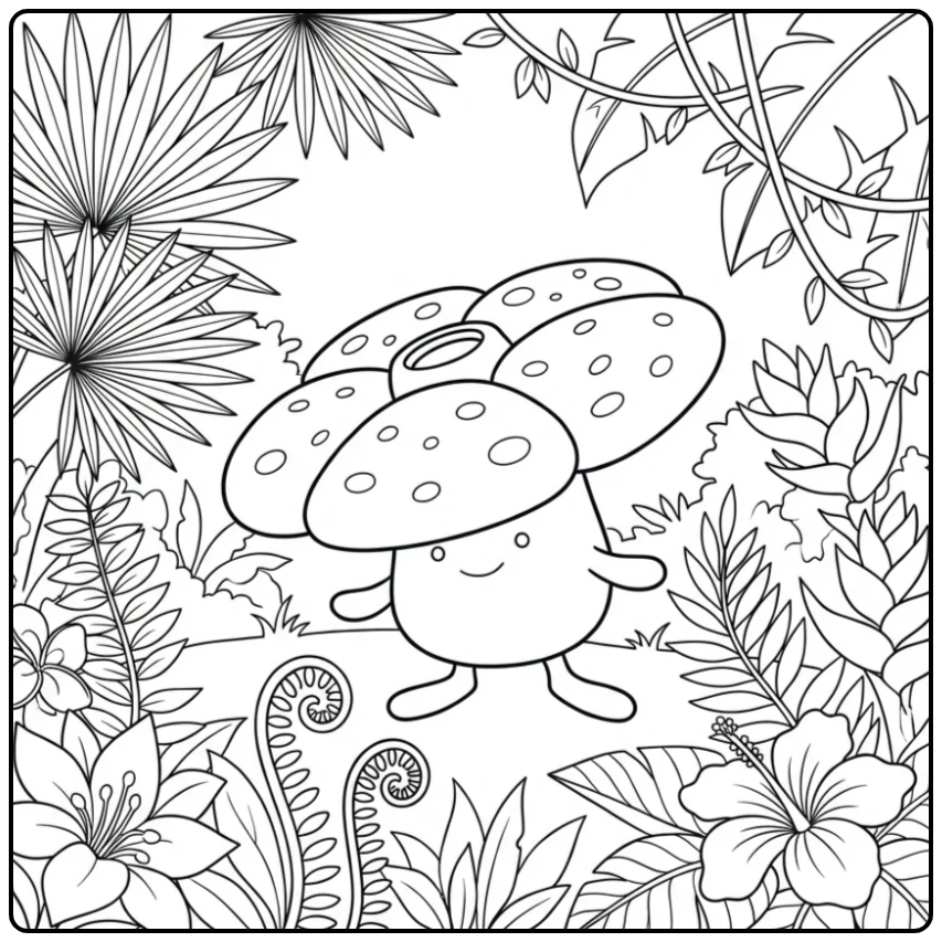 Mooie Vileplume kleurplaat in een weelderige jungle.