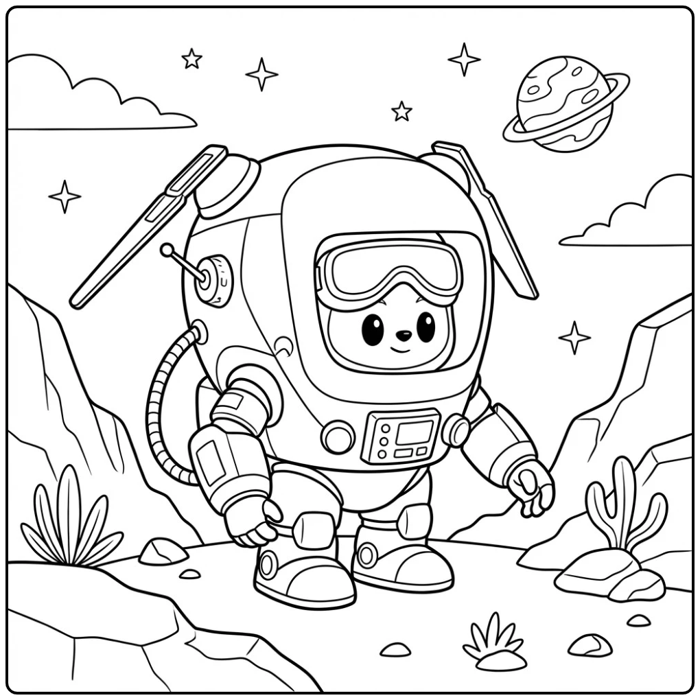 Schattige astronaut beer op Vlam kleurplaat met planeten.