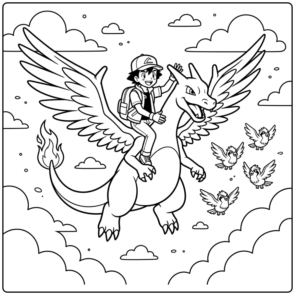 Speelse charizard kleurplaat met Ash in de lucht, Pidgey zwerm