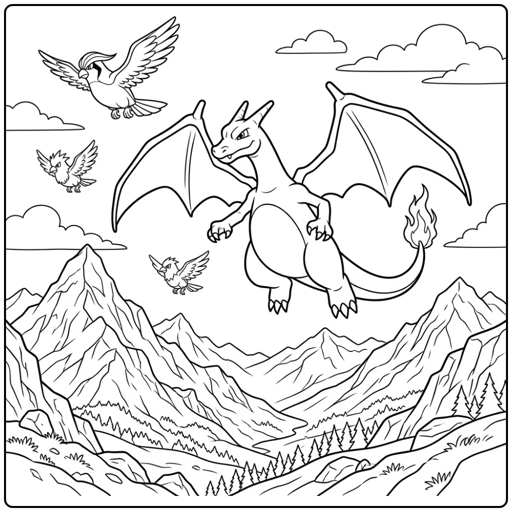 Majestueuze Charizard kleurplaat zweeft boven berglandschap.