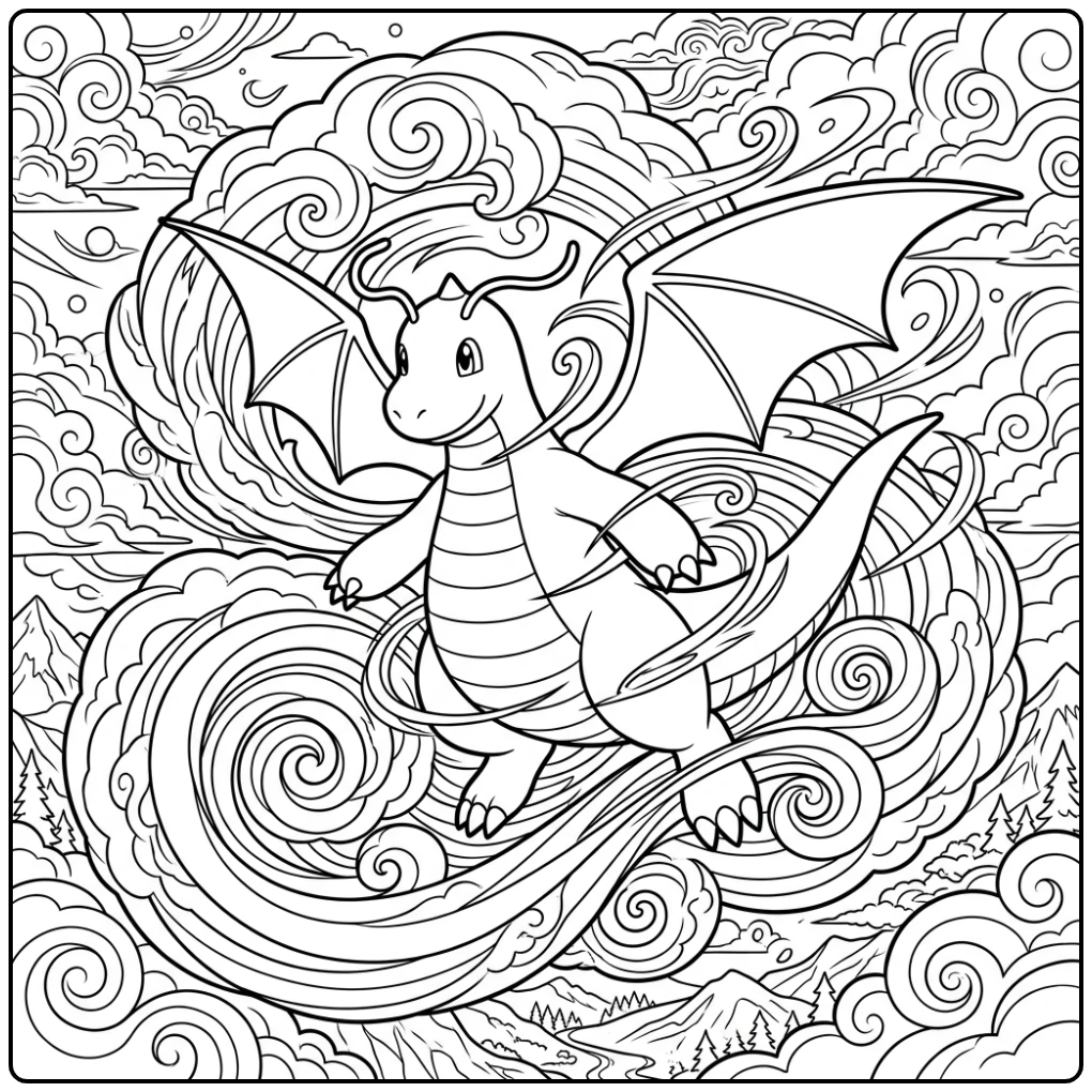 Majestueuze Dragonite in vlucht, een kleurplaat pokemon moeilijk