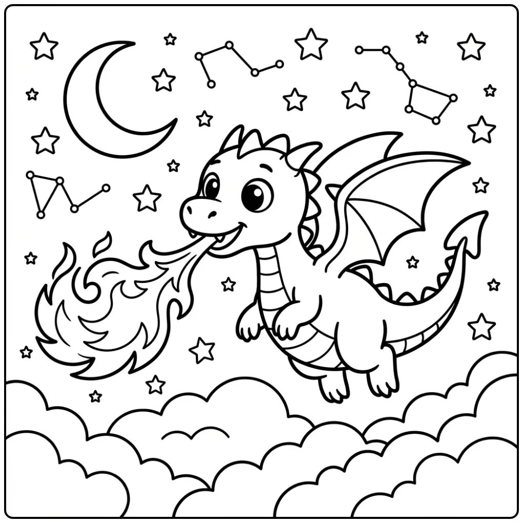 Schattige kleurplaat draak met vuur tussen de sterren.