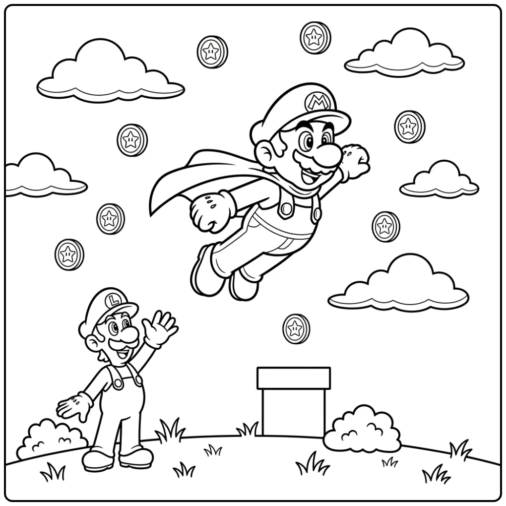 Mario vliegt met cape, Luigi kijkt toe – een leuke mario kleurplaat.