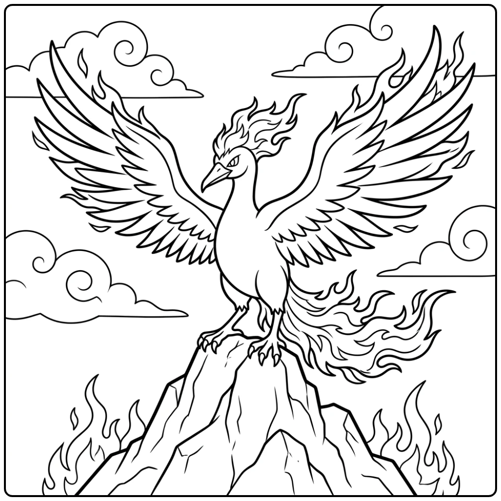 Majestueuze Moltres pokemon kleurplaat op rots met vlammende vleugels