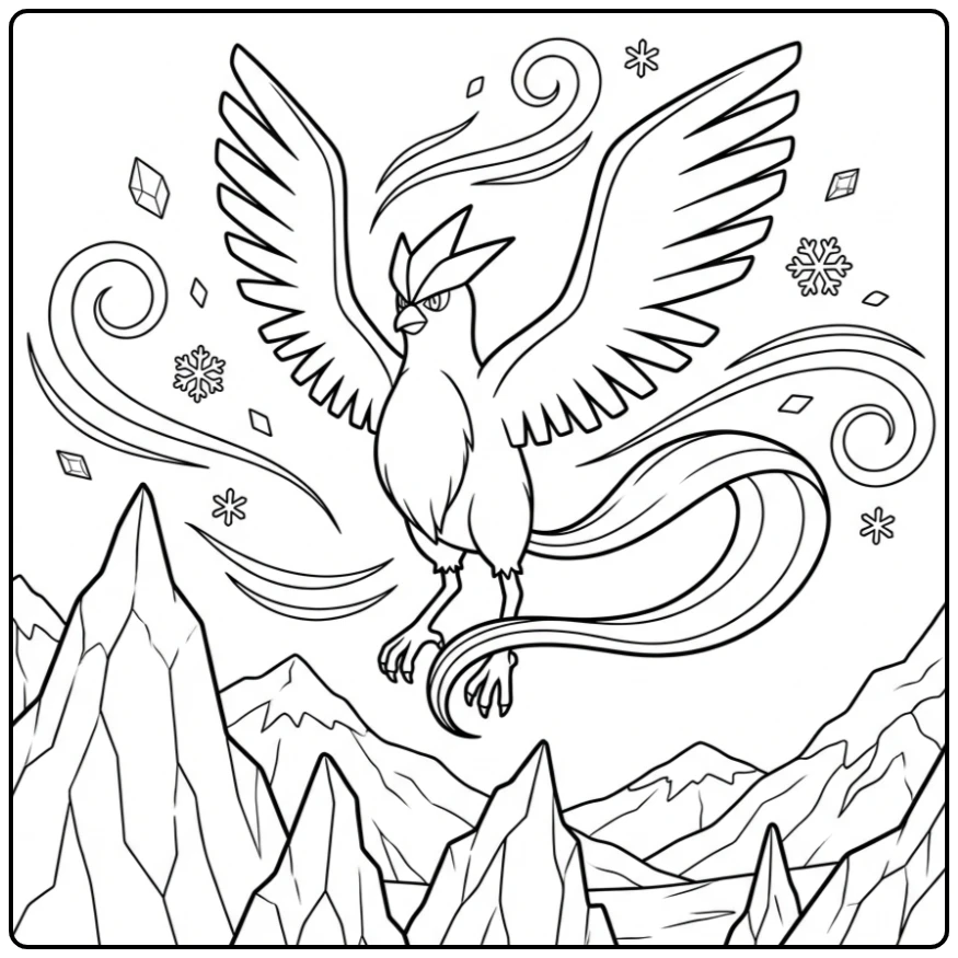 Prachtige Pokemon Articuno kleurplaat boven ijzige bergen.