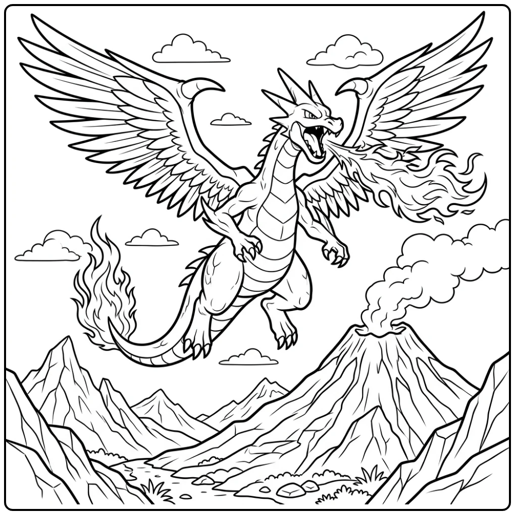 Machtige pokemon kleurplaat mega charizard y zweeft boven vulkaan.