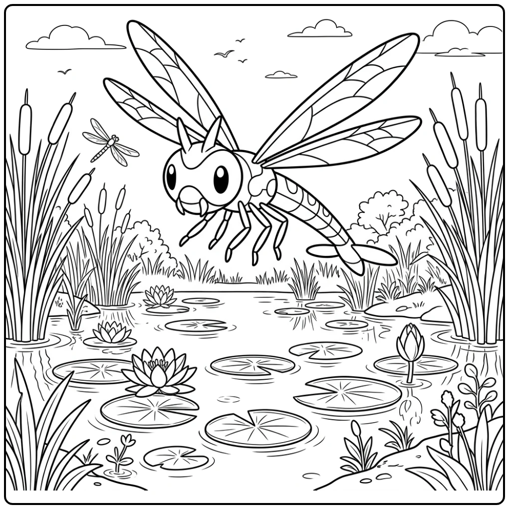Gedetailleerde Pokemon Yanma kleurplaat bij een vijver.