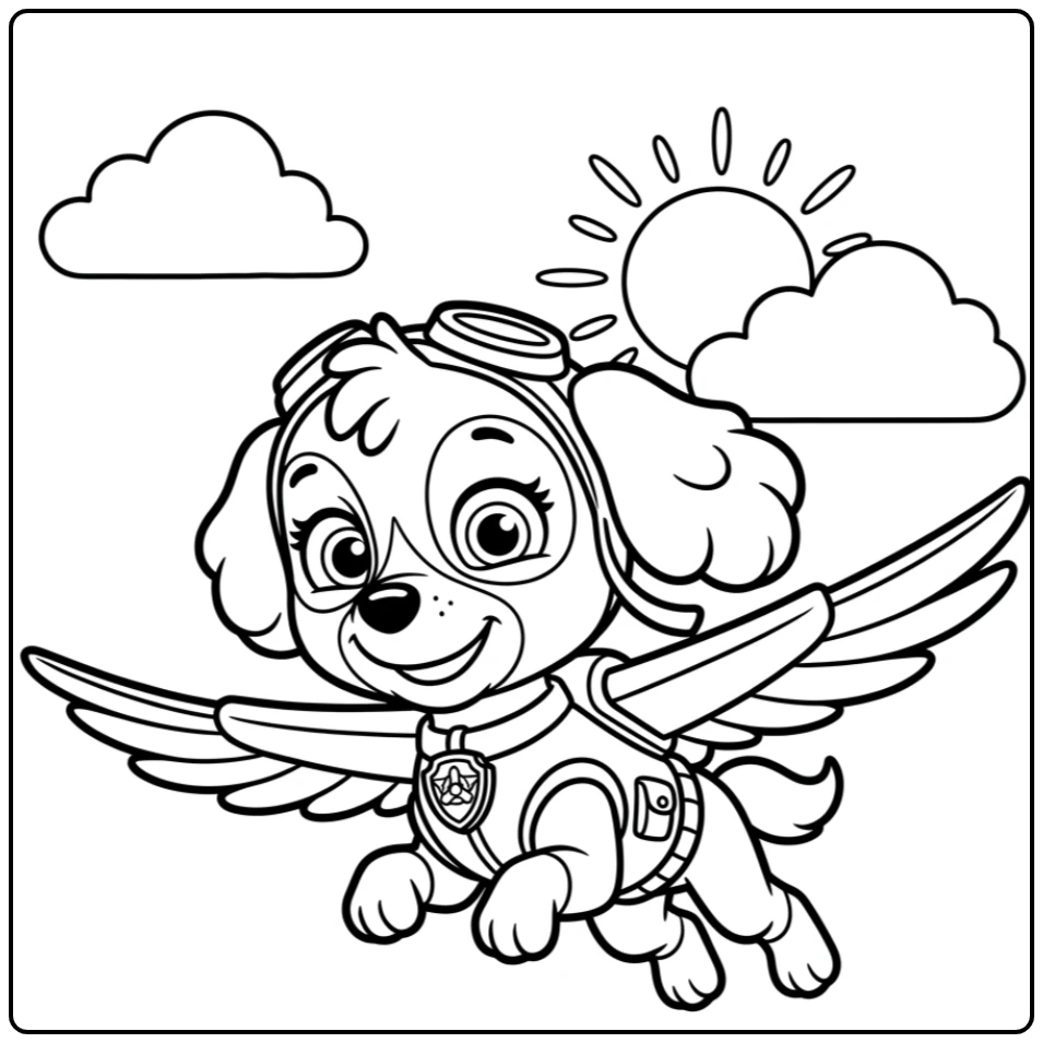 Skye vliegt laag, een makkelijke paw patrol kleurplaat voor kids.