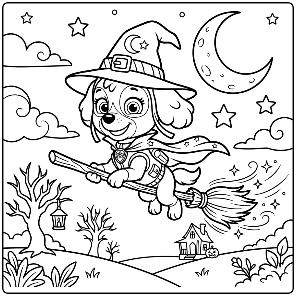Skye als heks vliegend op bezemsteel, klaar voor paw patrol halloween kleurplaat.