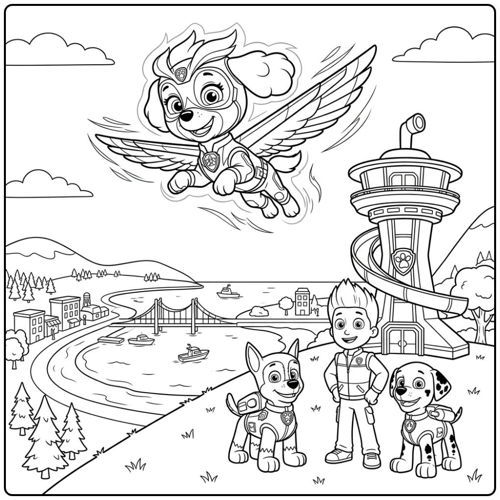 Skye vliegt! Een kleurplaat paw patrol mega pups avontuur