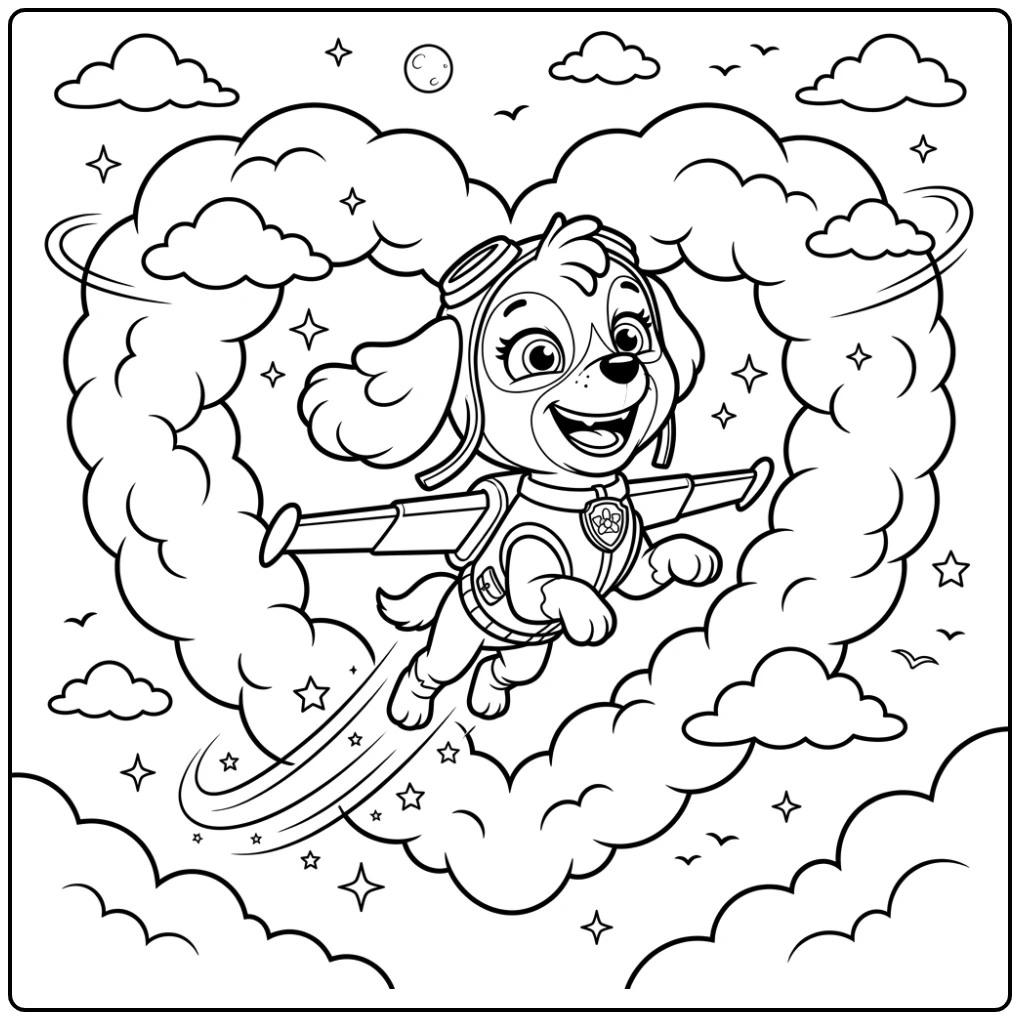 Skye vliegt blij door hartwolk – een mooie skye paw patrol kleurplaat.