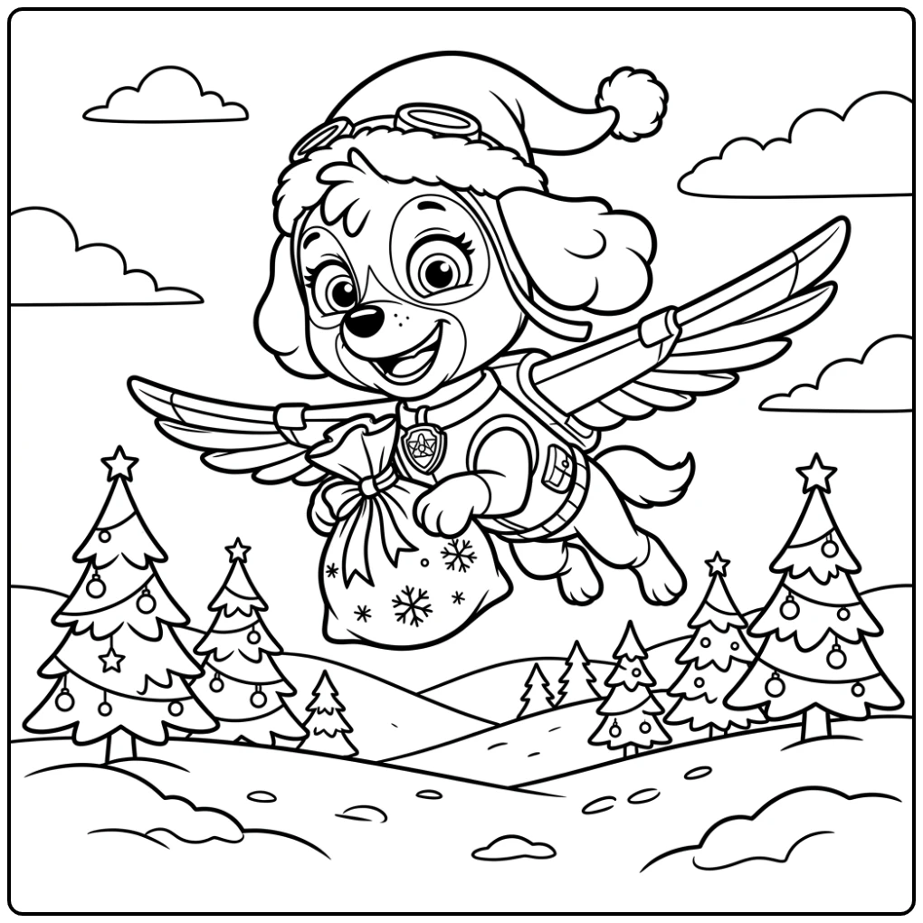 Skye vliegt met cadeau over besneeuwd landschap, paw patrol kerst kleurplaat.