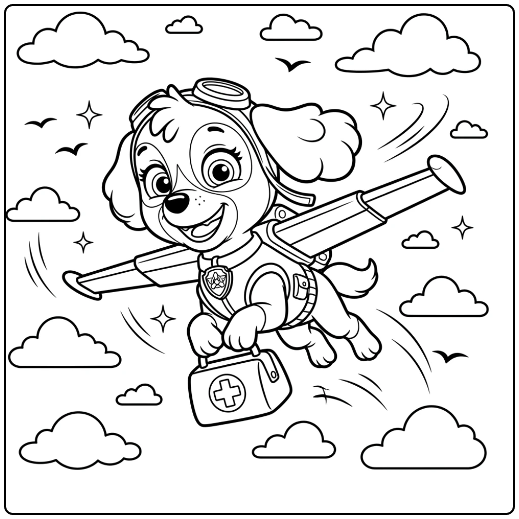 Skye van Paw Patrol vliegt met een reddingstasje, skye paw patrol kleurplaat