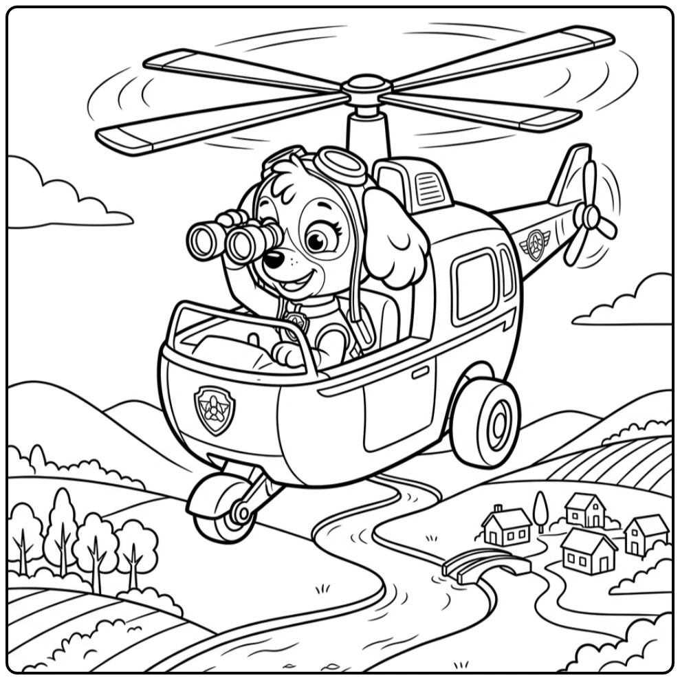 Skye Paw Patrol kleurplaat: Skye speurt vanuit de lucht met verrekijker