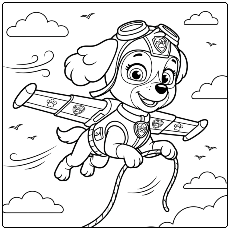 Skye vliegt met reddingskabel, een dynamische skye paw patrol kleurplaat.