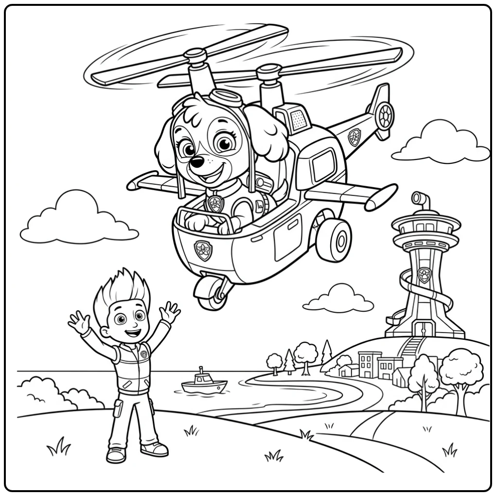 Skye Paw Patrol kleurplaat: Skye zweeft vrolijk boven Adventure Bay