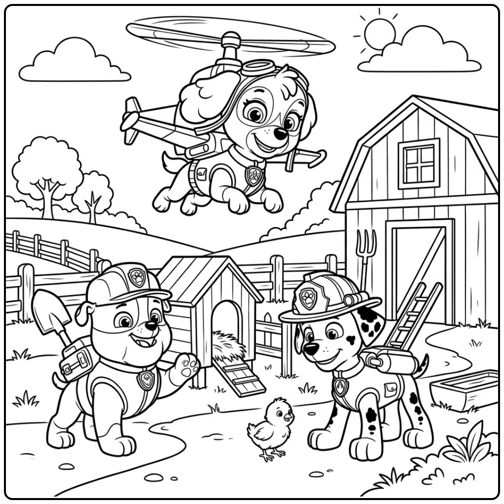 Skye Paw Patrol kleurplaat: Skye redt kuiken boven boerderij.