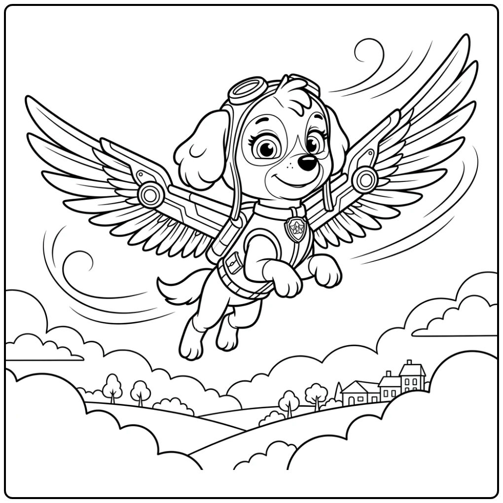 Skye van Paw Patrol in zachte vlucht, ideale skye paw patrol kleurplaat.