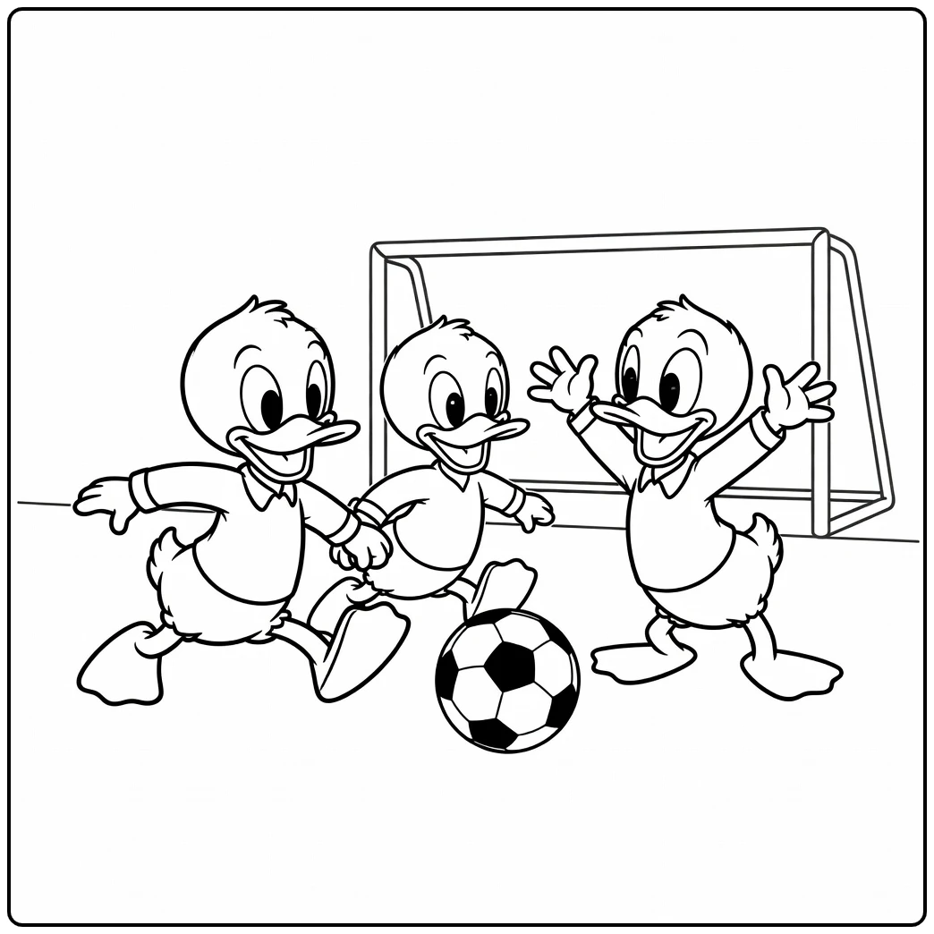 kleurplaat kwik kwek en kwak: voetbalplezier voor de neefjes