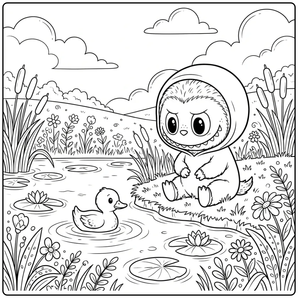 Schattige baby labubu kleurplaat zittend bij een vijver.