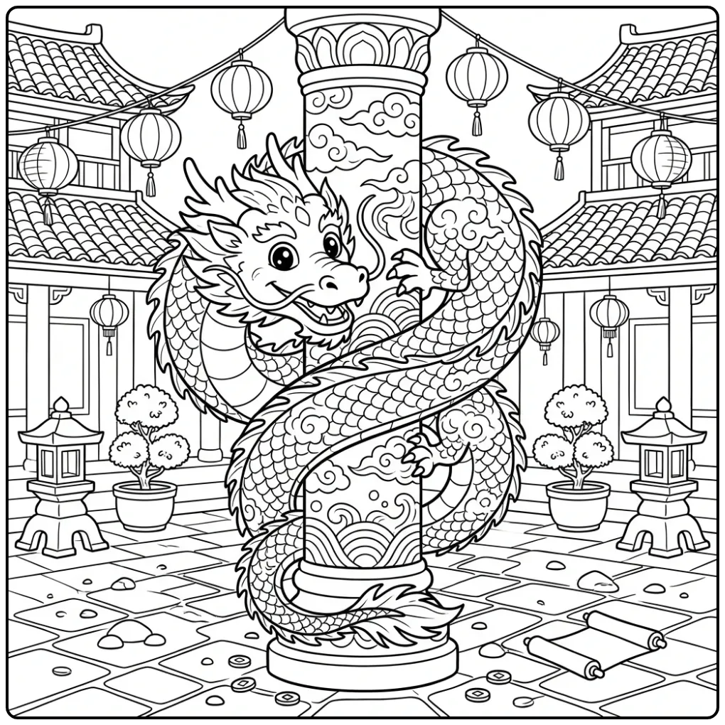 Schattige chinese draak kleurplaat om een stenen pilaar.