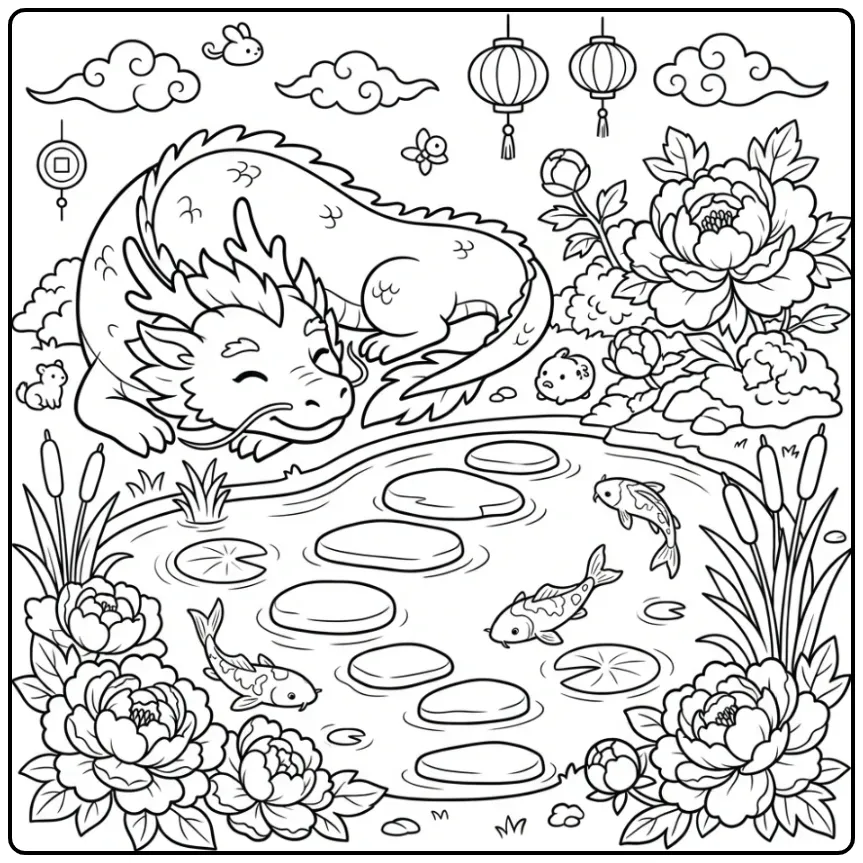 Leuke chinese draak kleurplaat bij een vijver met pioenrozen