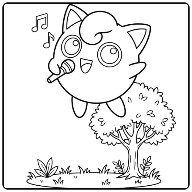 Jigglypuff kleurplaat: zwevende Jigglypuff zingt voor slapende vrienden.