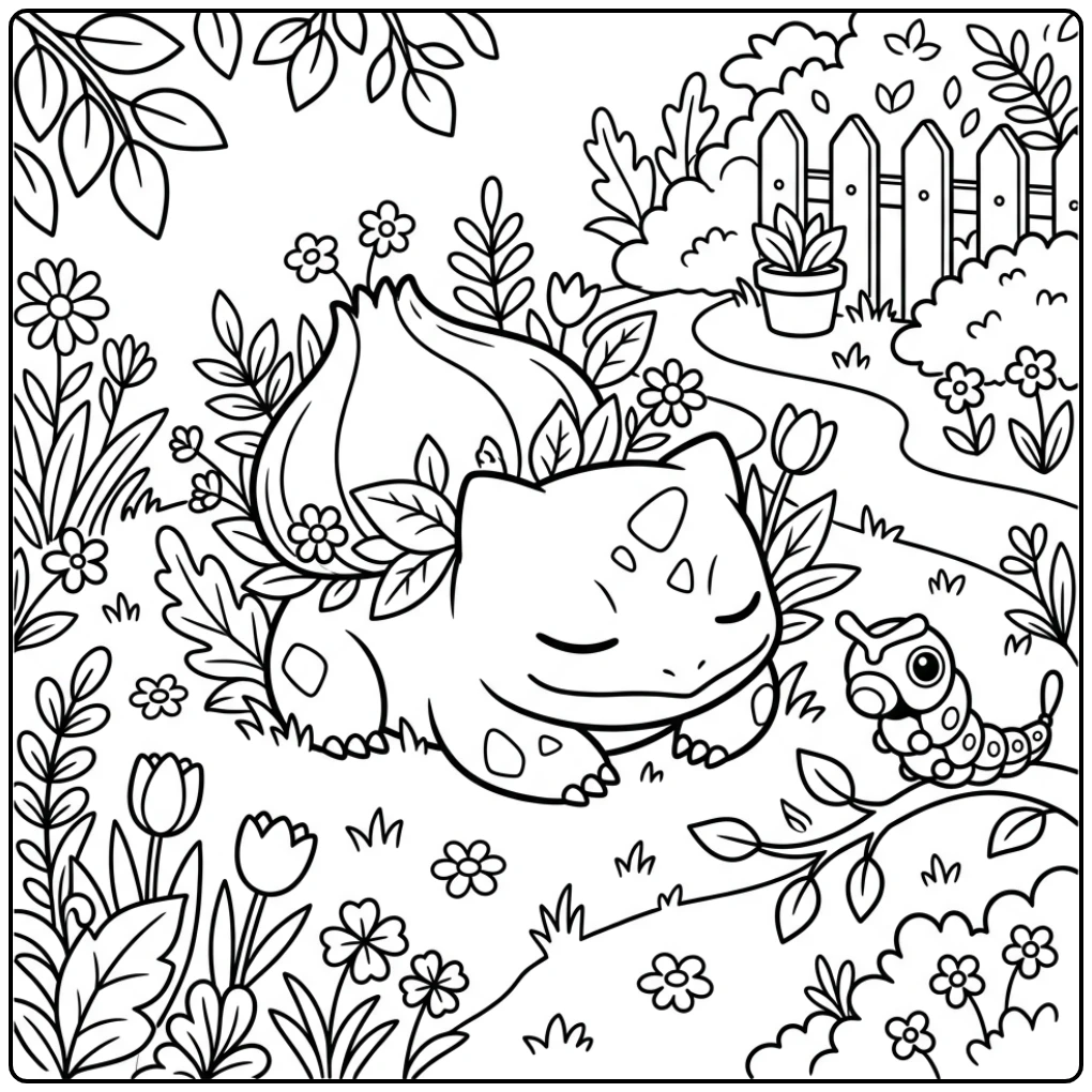 Bulbasaur rust in een tuin met Caterpie. kleurplaat pokemon schattig.