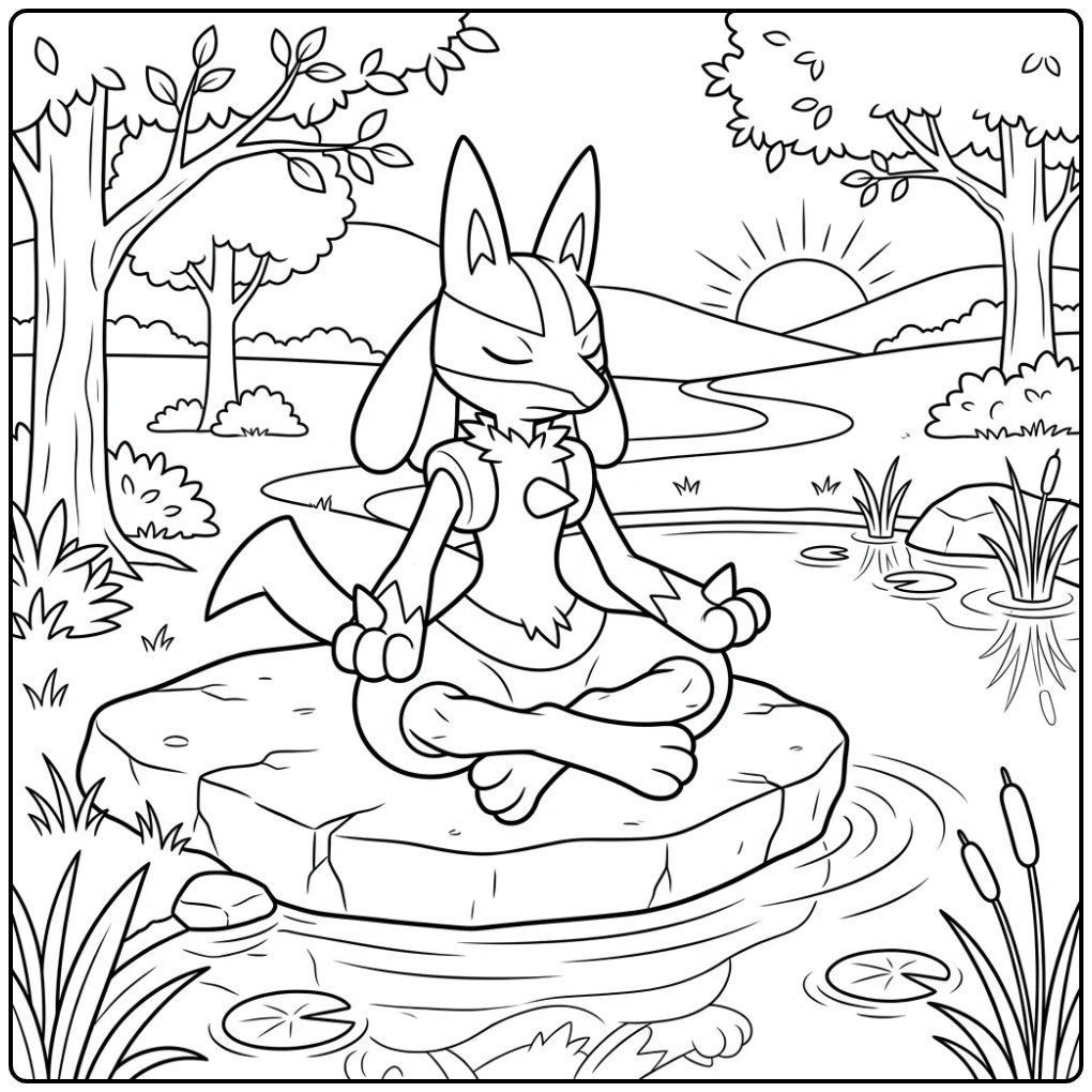 Lucario kleurplaat: mediterend bij een rustige vijver, vredig moment.