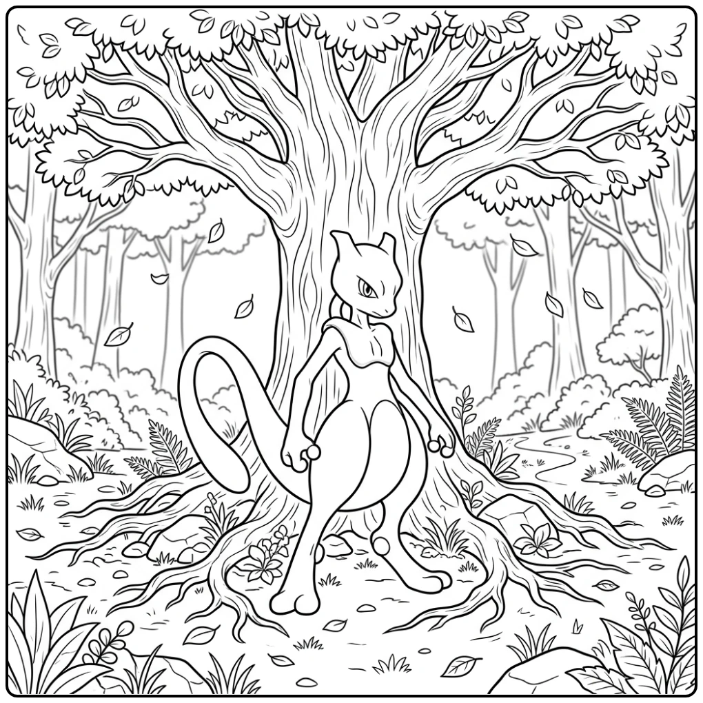 Prachtige mewtwo kleurplaat onder een grote boom in het bos.