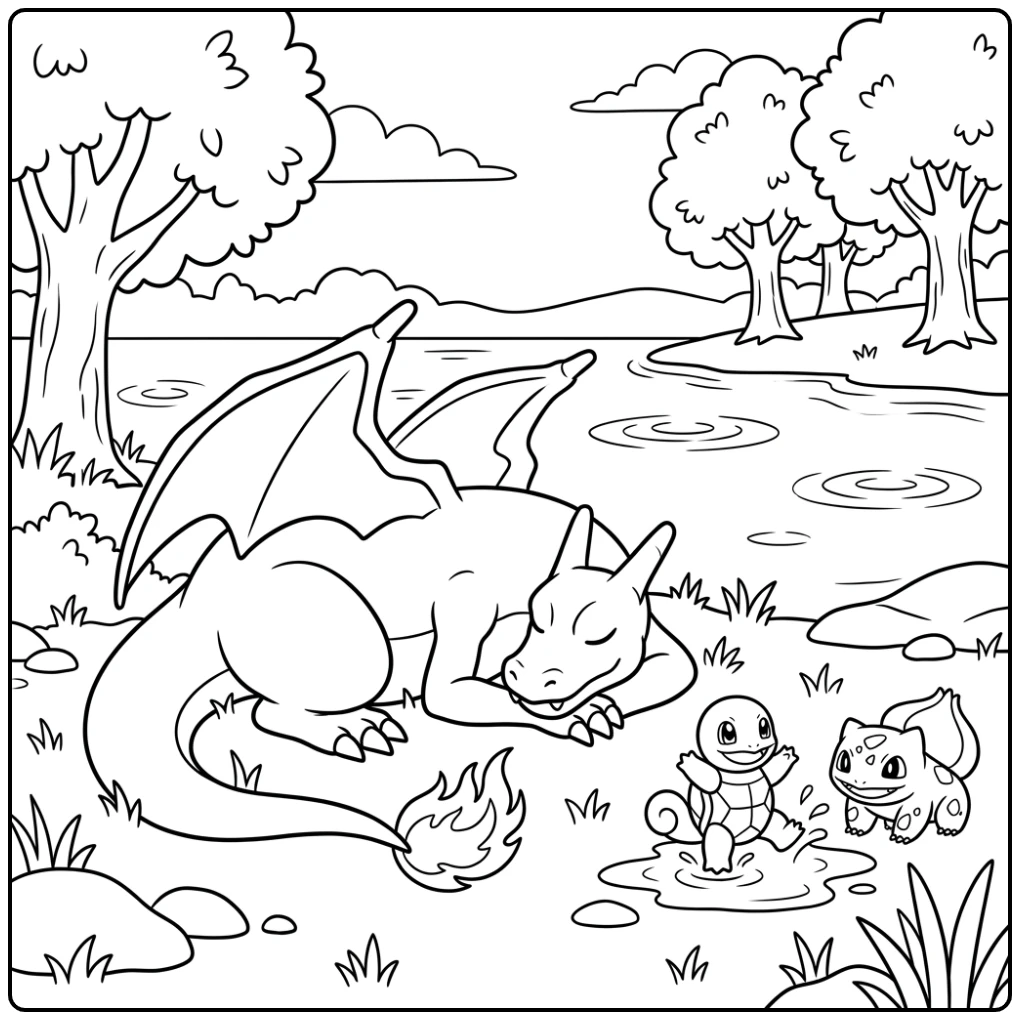 Rustige pokemon kleurplaat charizard x scène bij het meer met vrienden.