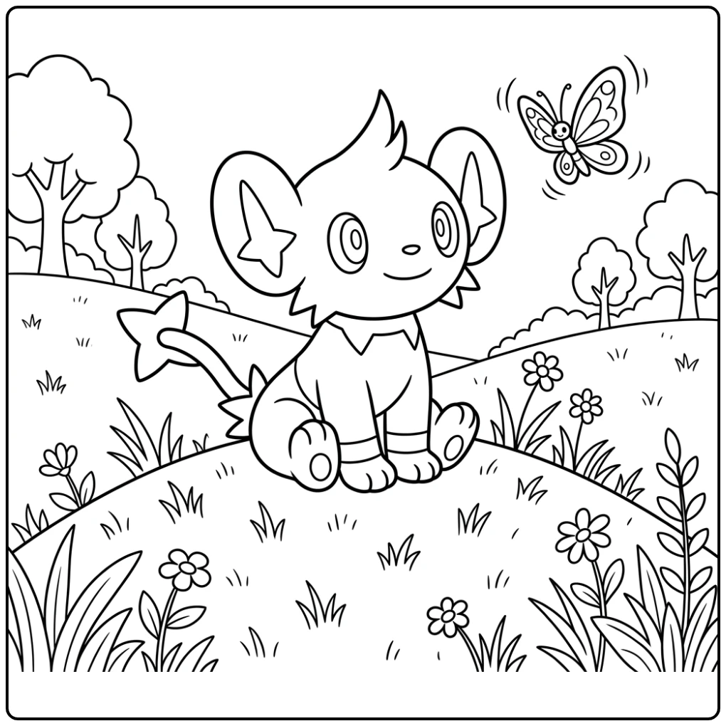 Schattige Shinx op heuvel kijkt naar vlinder, kleurplaat pokemon schattig