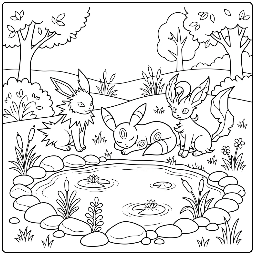 Rustende umbreon kleurplaat met vrienden bij een vijver