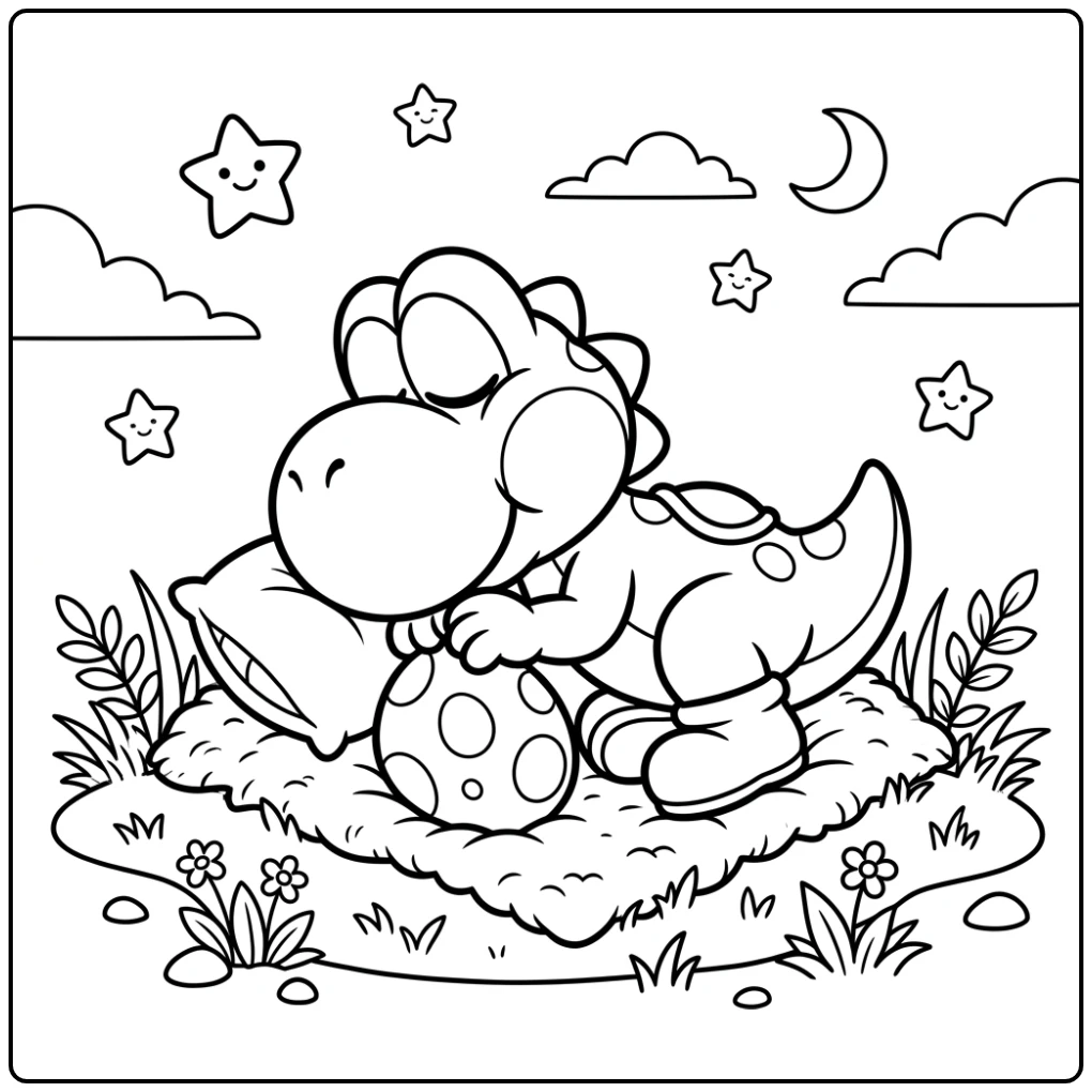 Slaap baby yoshi kleurplaat naast ei onder fonkelende sterren